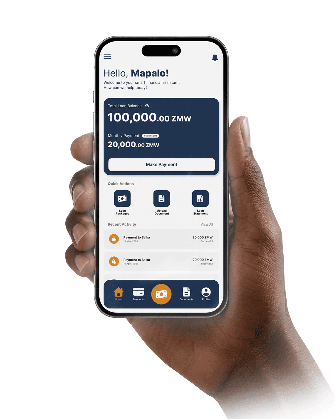 A hand holding a phone displaying the Salka loan dashboard
